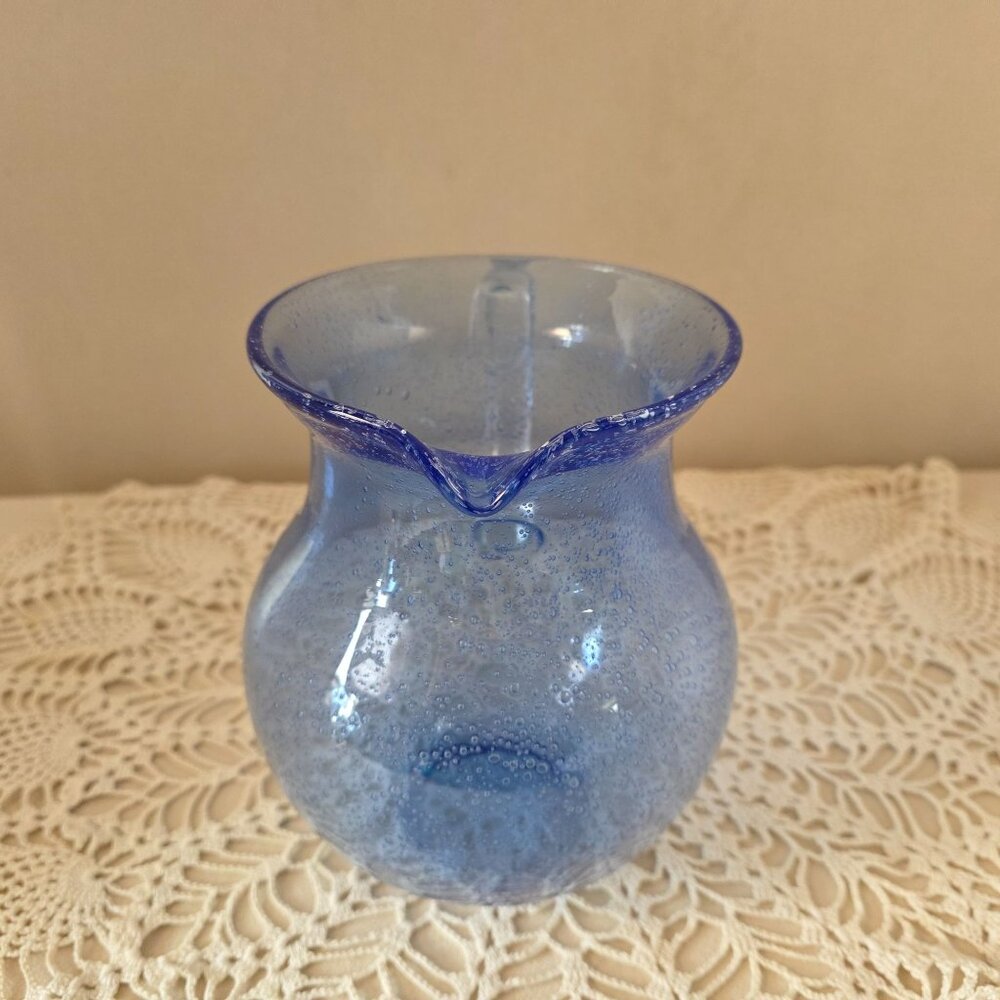Vintage Cobalt Handblown Bubble Glass Pitcher With Clear Applied Handle - Picture 14 of 16